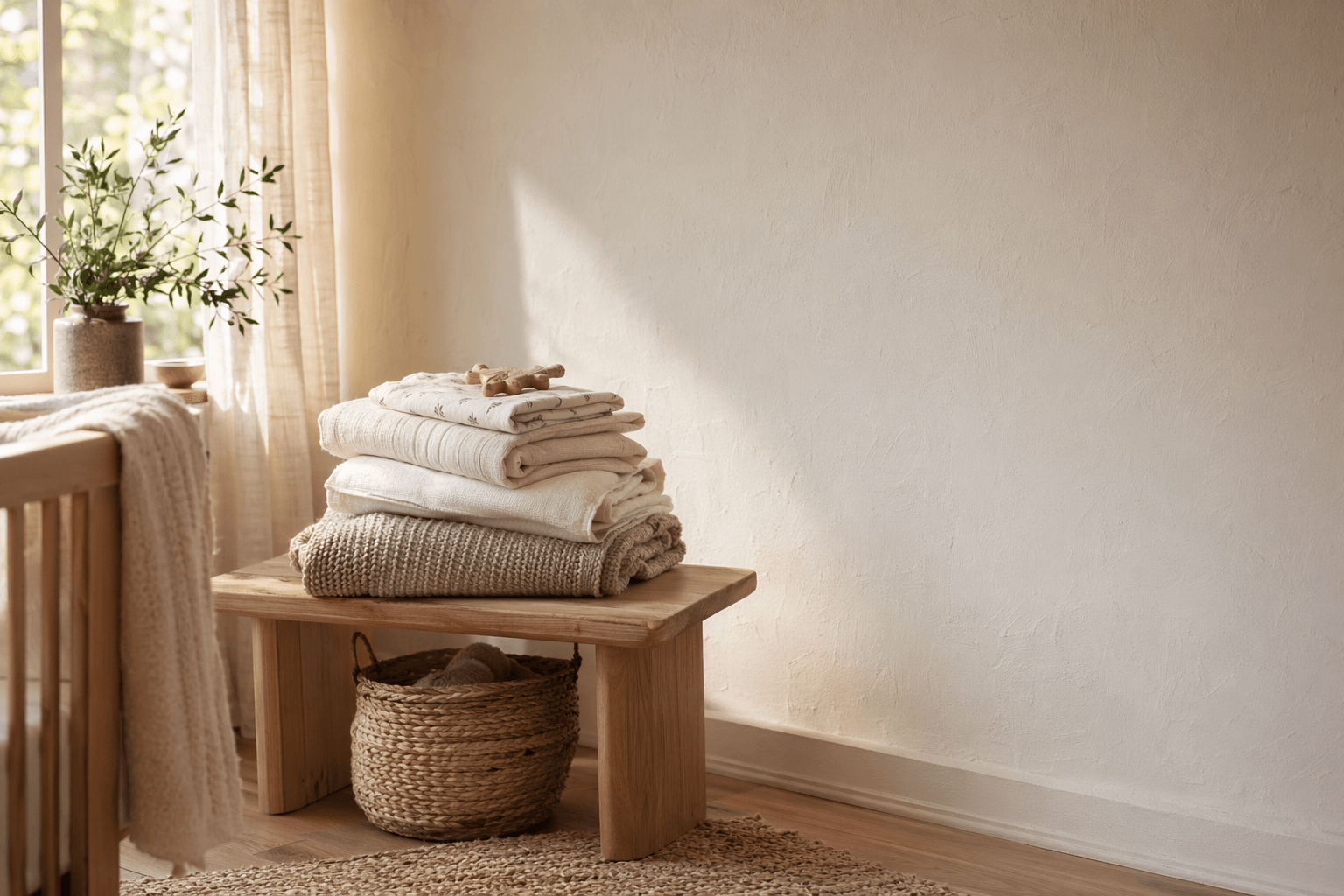 Soft baby textiles in a calm home setting with warm natural light.