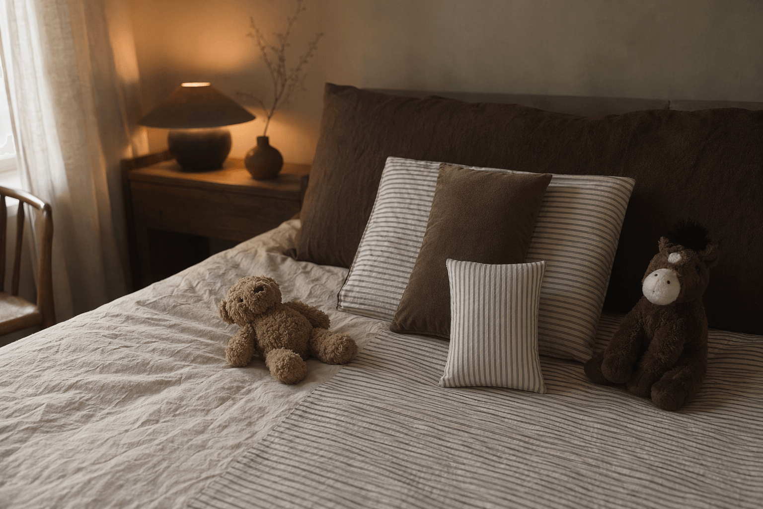 Baby bedding and cotton essentials arranged in a calm, warm home.