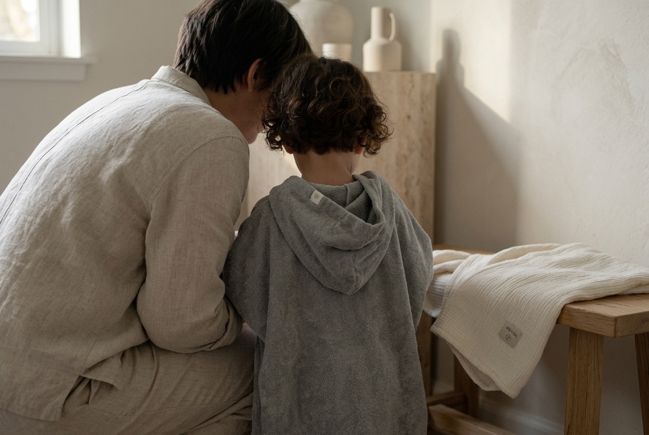A soft terry bib and towel poncho for babies after meals and bath time.