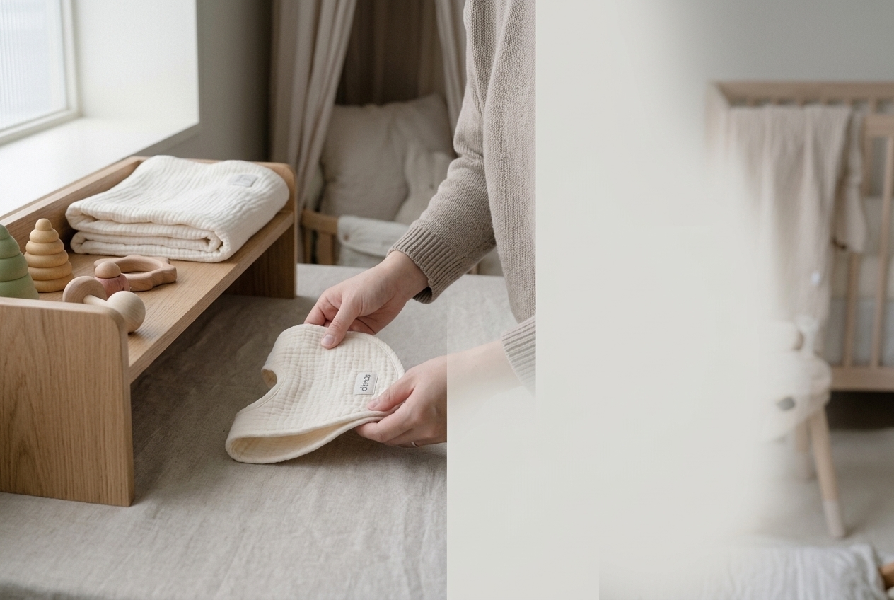 A parent folding baby textiles at home with a gentle, calm mood.